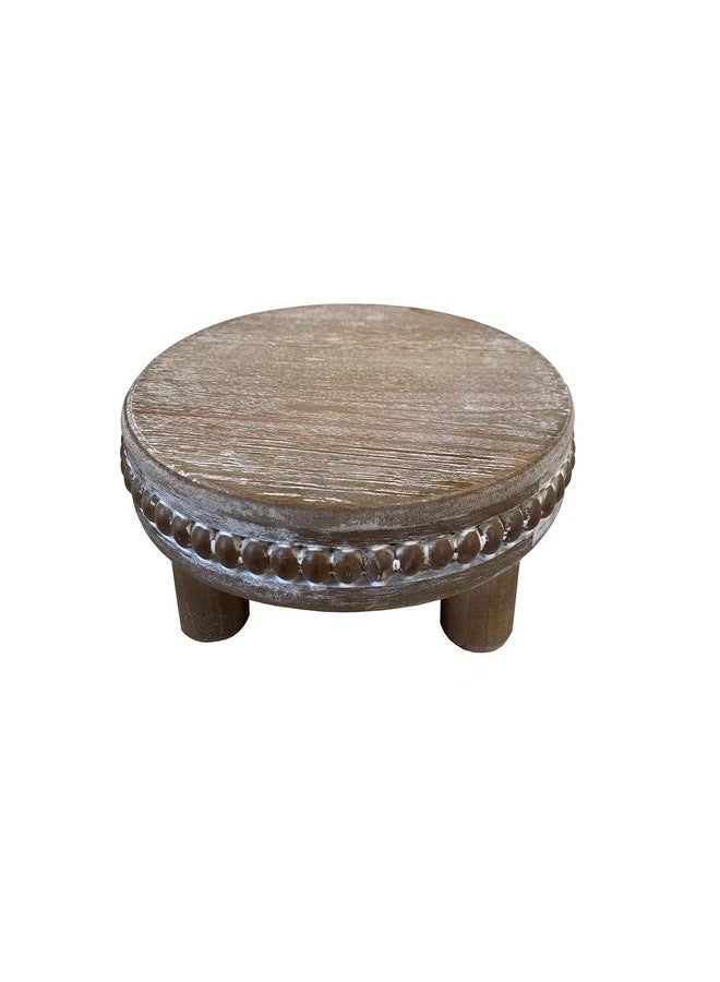 dwellington Farmhouse Beaded Wood Pedestal Tray Decor, 7.6” Round Vintage Display Stand, Decorative Accent Display Riser for Farmhouse Kitchen, Bathroom (Natural) - Image 1